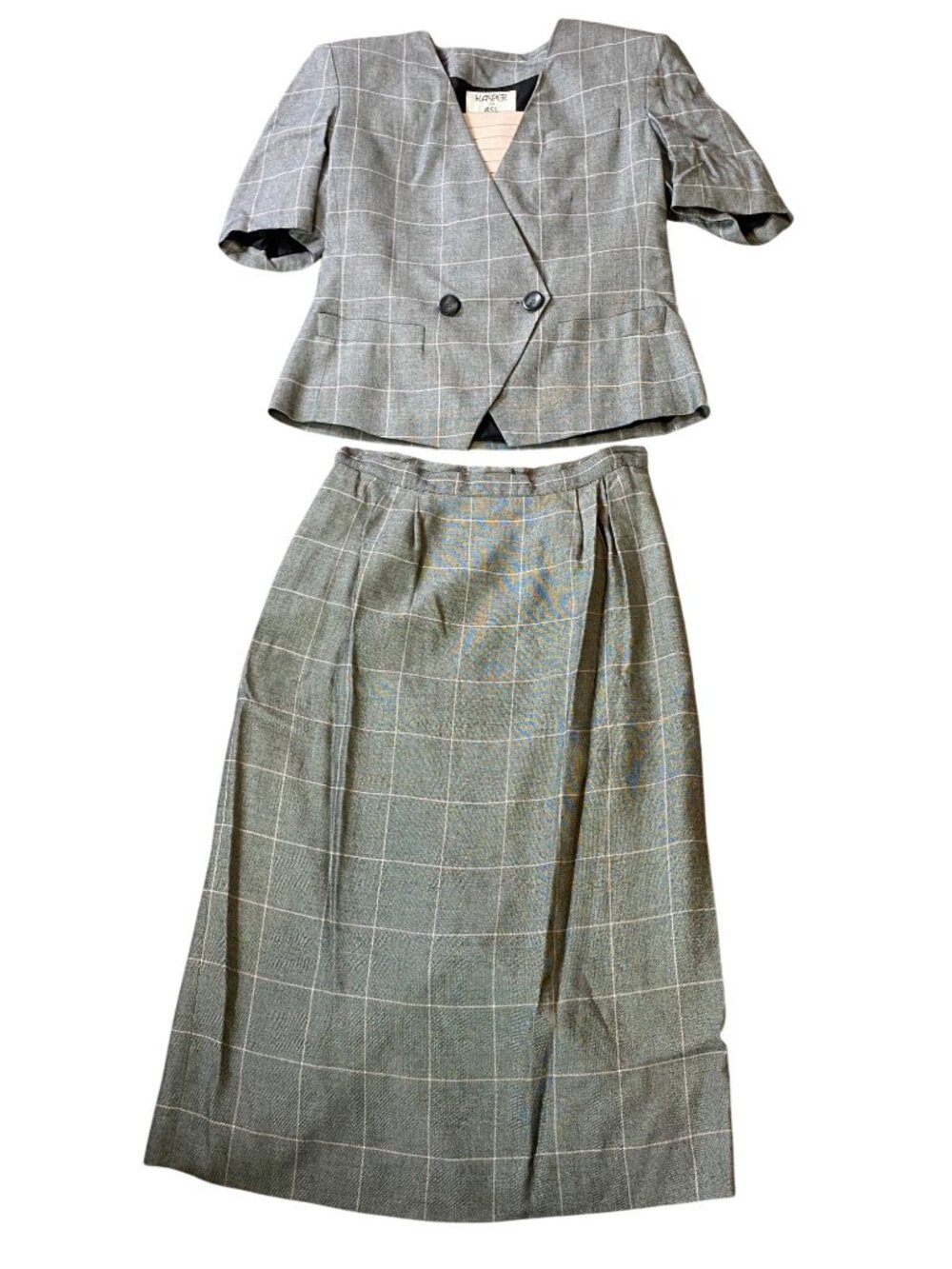 Kasper Short Sleeve Two Button Gray Plaid Blazer & Skirt Suit Size 8